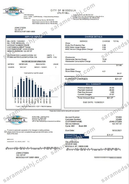 USA City of Missoula utility bill template in Word and PDF format